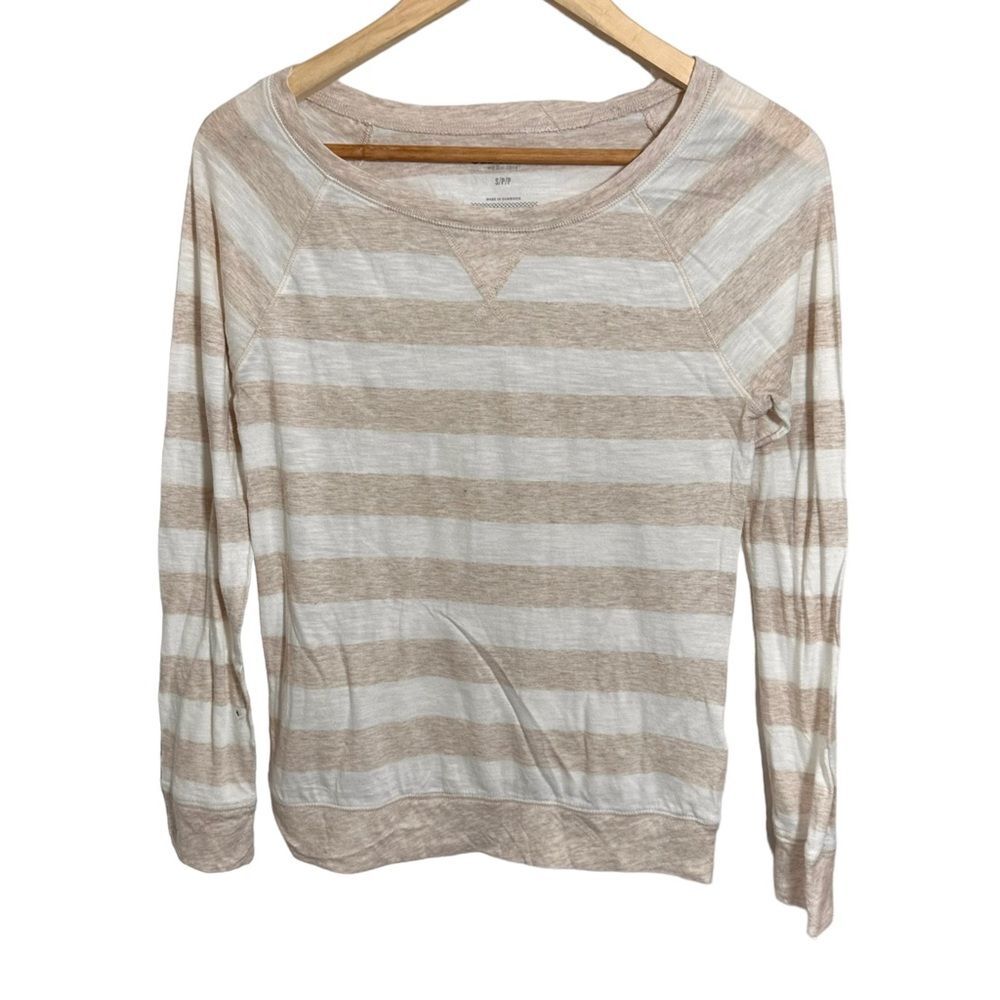 Old Navy Women’s Sz S White Light Brown Long Sleeve Striped Round Neck Top